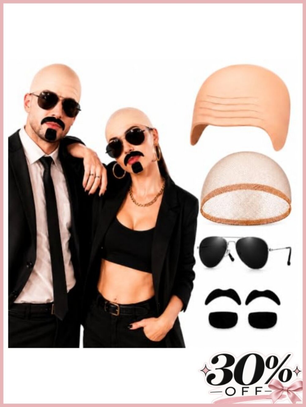 7pc Halloween Costume Set Latex Bald Cap Aviator Sunglasses Mustaches